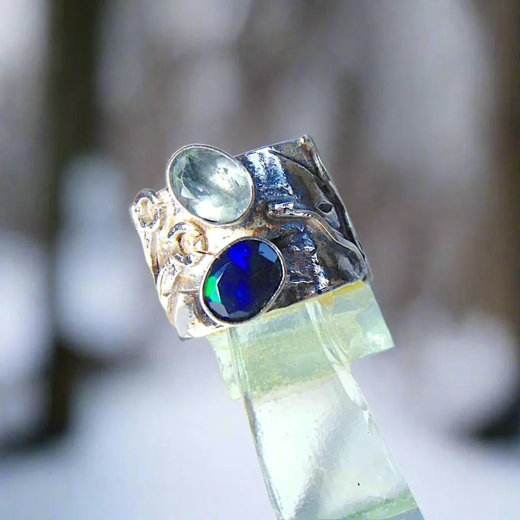 Szeroka obrączka srebrna z akwamarynem i opalem - EPIR Art Jewellery&Gemstone