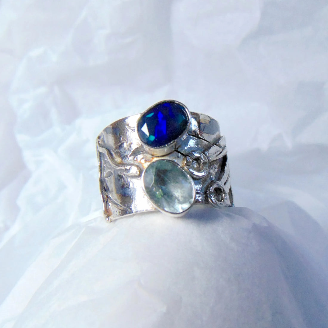 Szeroka obrączka srebrna z akwamarynem i opalem - EPIR Art Jewellery&Gemstone