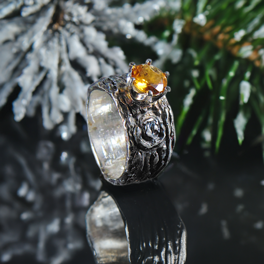 Szeroka obrączka z cytrynem z kolekcji "Kora drzewa" - EPIR Art Jewellery&Gemstone