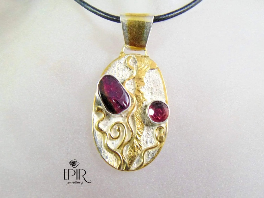 Artystyczny Wisior Srebrny, Wiosenne Kwiaty z Turmalinem Arbuzowym - EPIR Art Jewellery&Gemstone