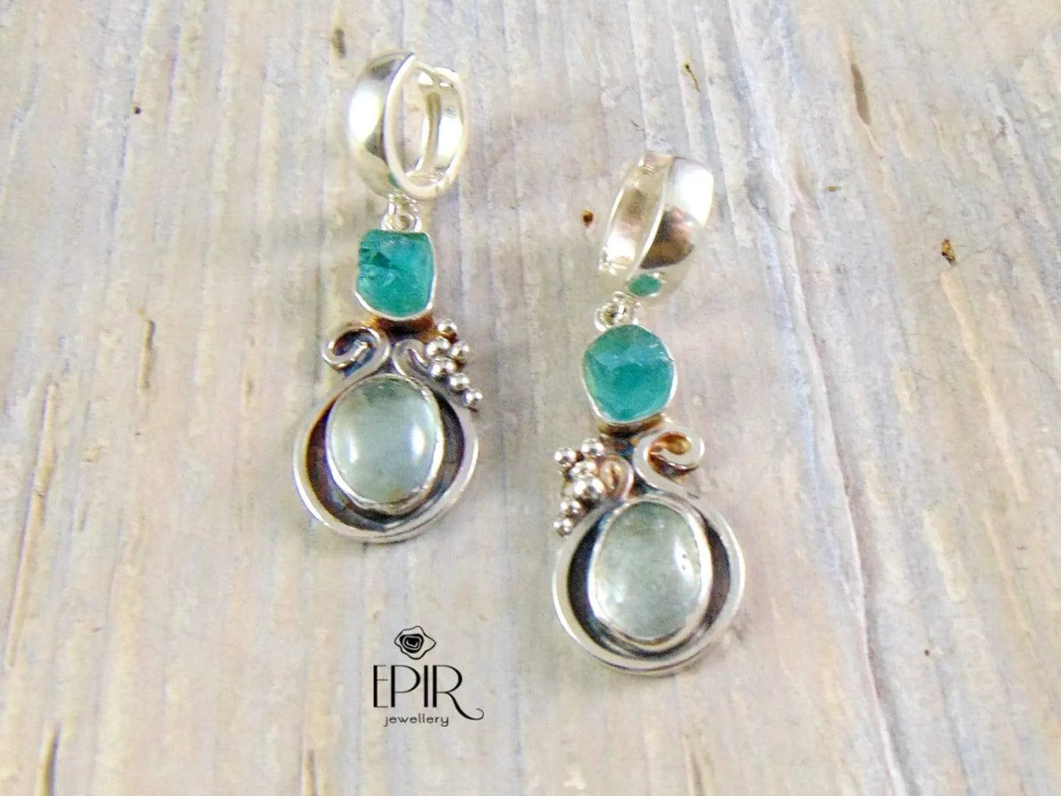 Kolczyki srebrne z dwoma oczkami, akwamaryn, apatyt - EPIR Art Jewellery&Gemstone