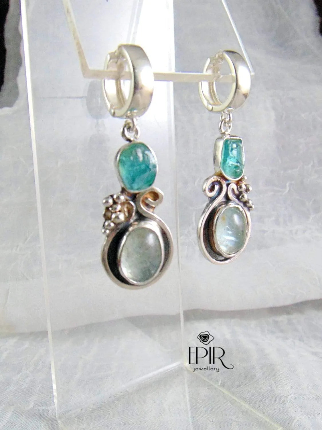 Kolczyki srebrne z dwoma oczkami, akwamaryn, apatyt - EPIR Art Jewellery&Gemstone