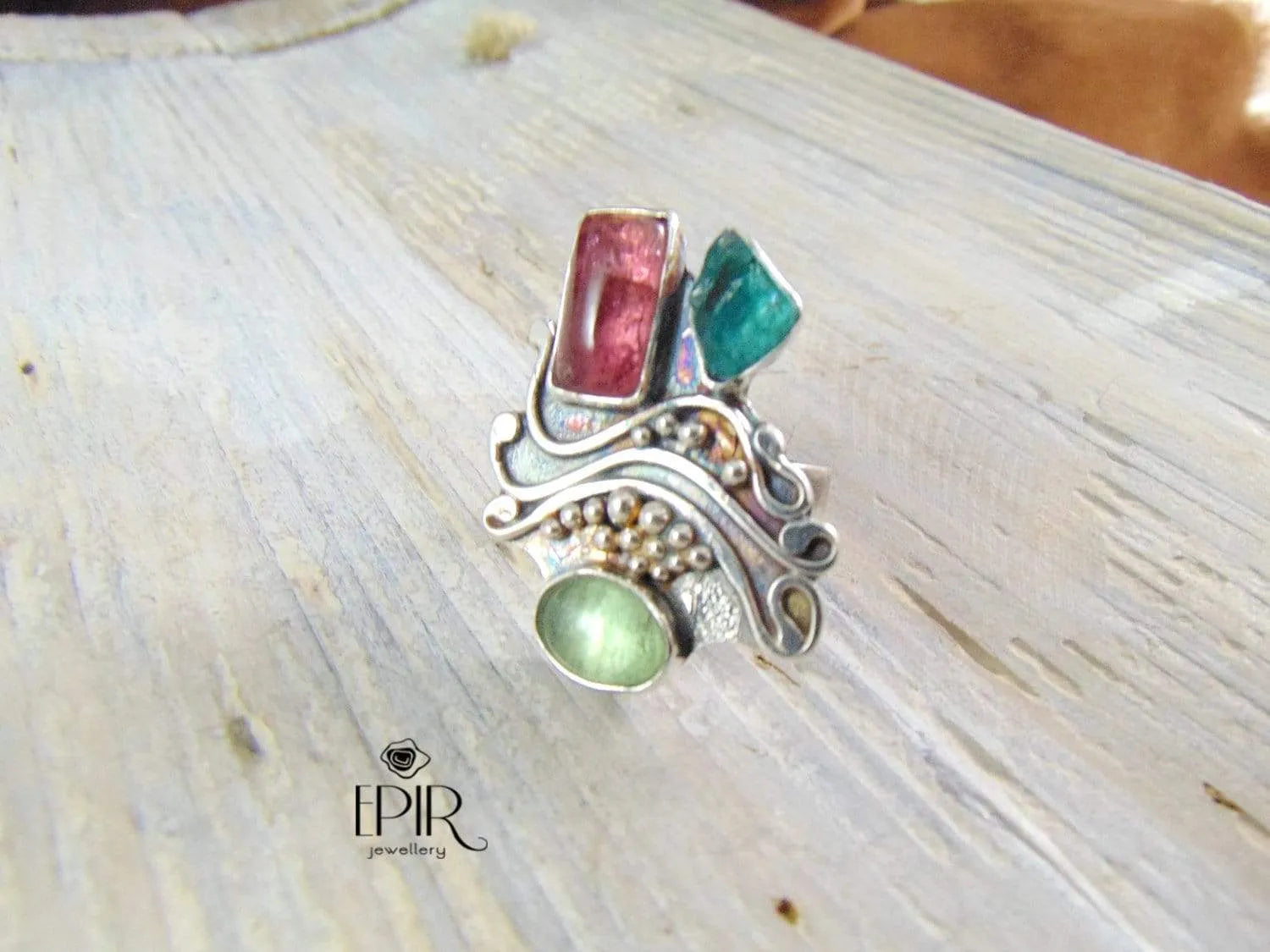 Obrączka Srebrna z Turmalinami i Apatytem - EPIR Art Jewellery&Gemstone