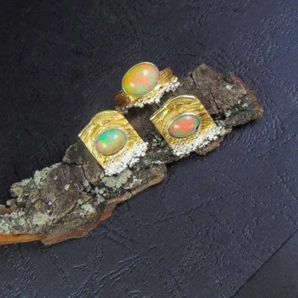 Pierścionek pozłacany z zielono- pomarańczowym opalem - EPIR Art Jewellery&Gemstone