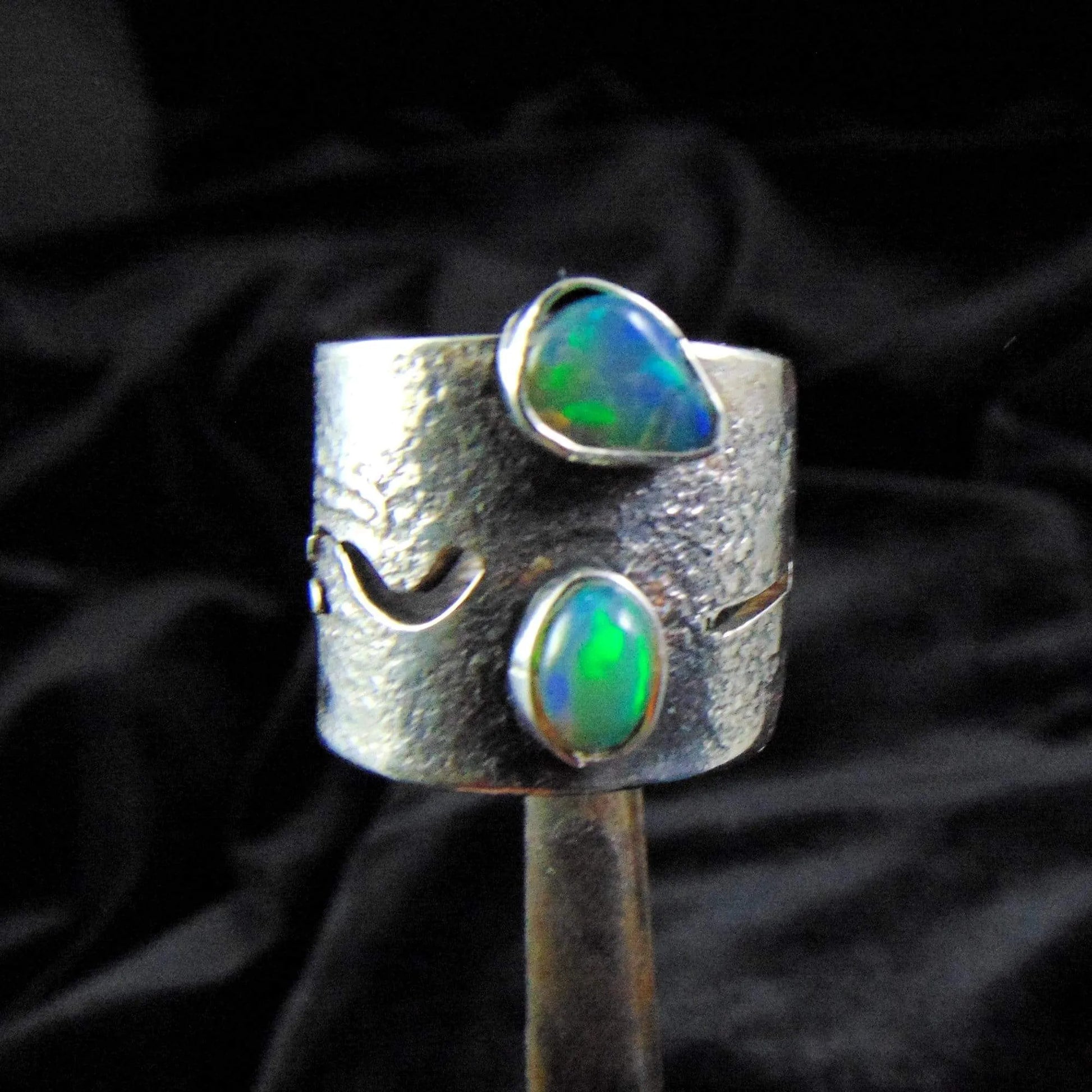 Szeroka Obrączka z Dwoma Opalami EPIR Art Silver Jewellery pierścionek