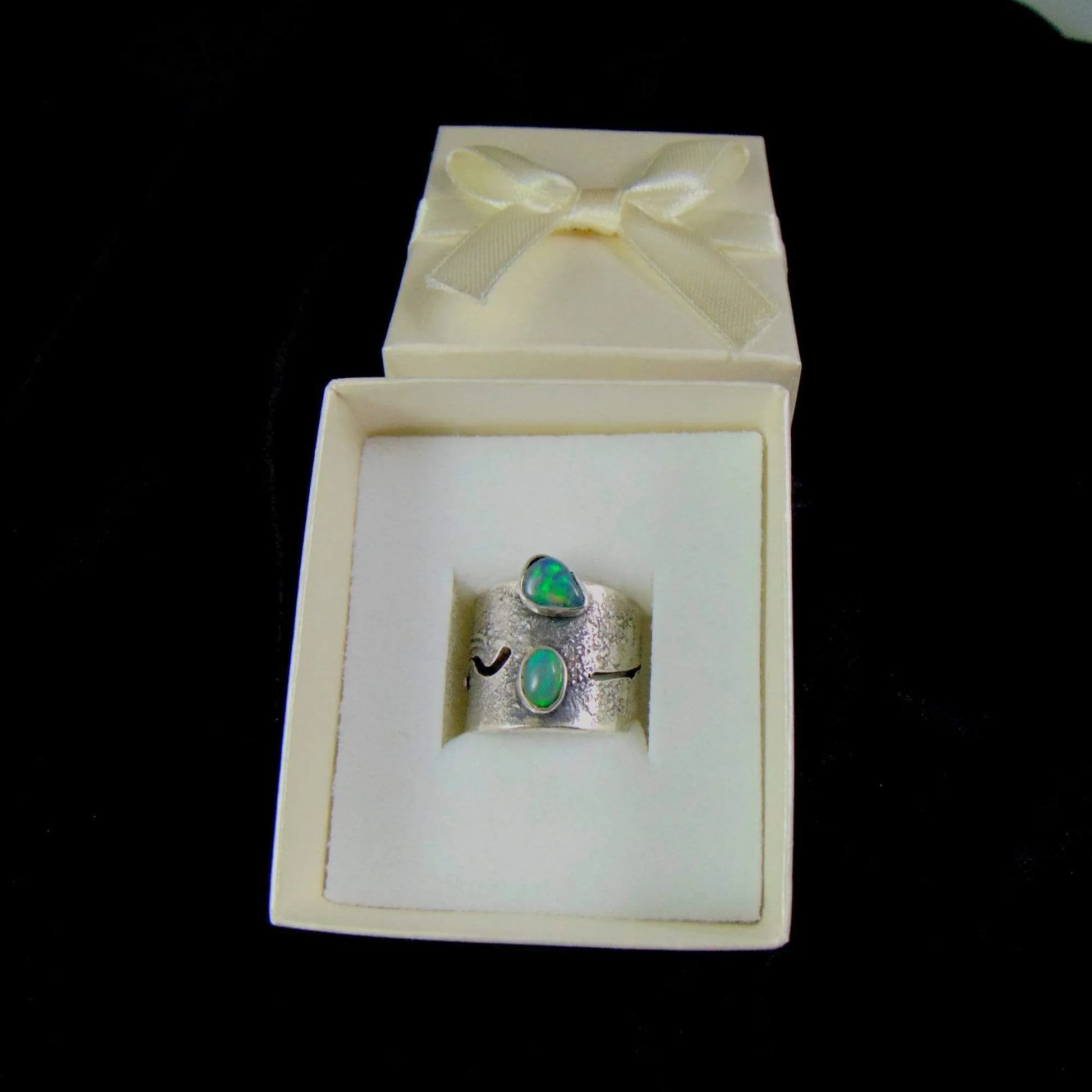 Szeroka Obrączka z Dwoma Opalami EPIR Art Silver Jewellery pierścionek