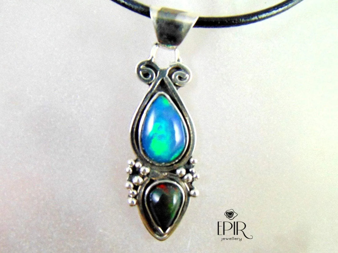 Wisior Srebrny z Dwoma Opalami, Niebieski i Czarny - EPIR Art Jewellery&Gemstone