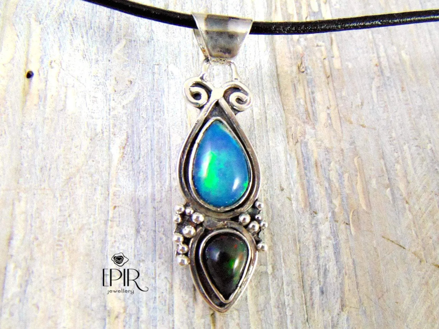 Wisior Srebrny z Dwoma Opalami, Niebieski i Czarny - EPIR Art Jewellery&Gemstone