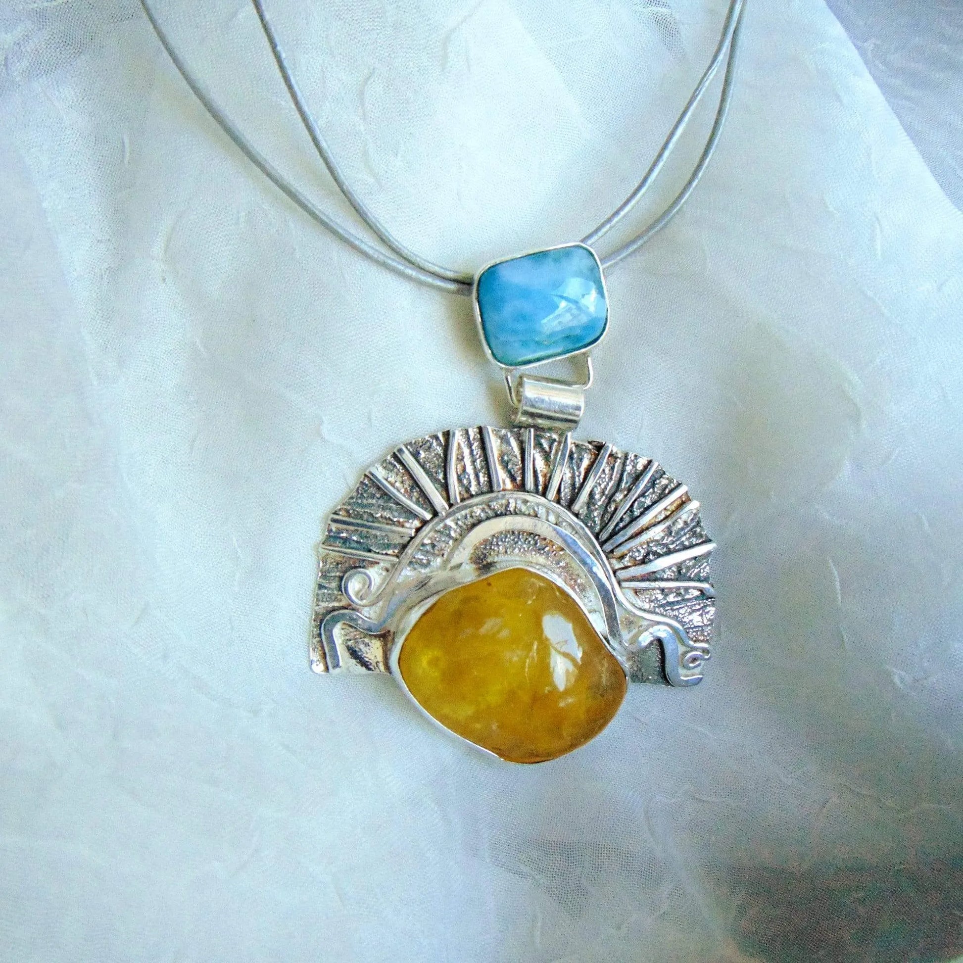 Wisior z larimarem i bursztynem bałtyckim - EPIR Art Jewellery&Gemstone