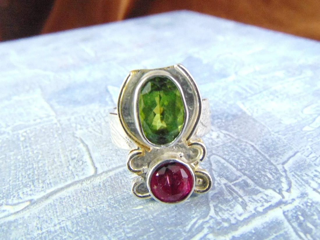 Fantazyjny pierścionek srebrny z peridotem i turmalinem - EPIR Art Jewellery&Gemstone