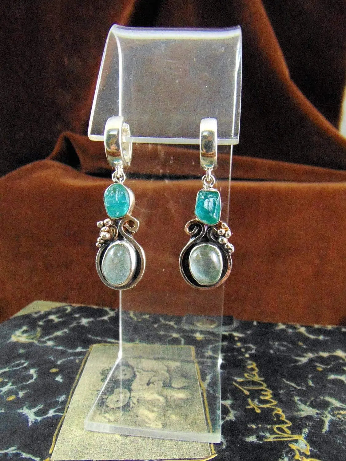 Kolczyki srebrne z dwoma oczkami, akwamaryn, apatyt - EPIR Art Jewellery&Gemstone
