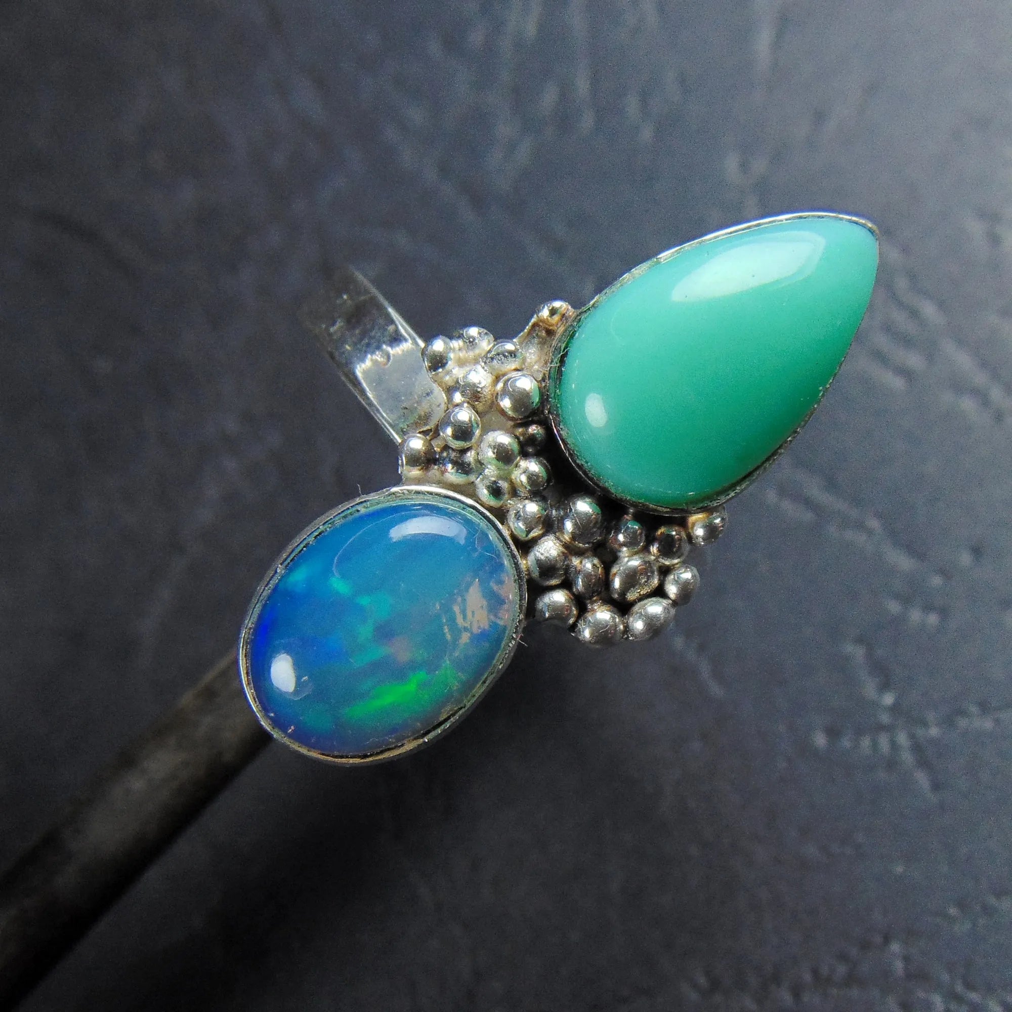 Pierścionek srebrny z opalem etiopskim i chryzoprazem - EPIR Art Jewellery&Gemstone