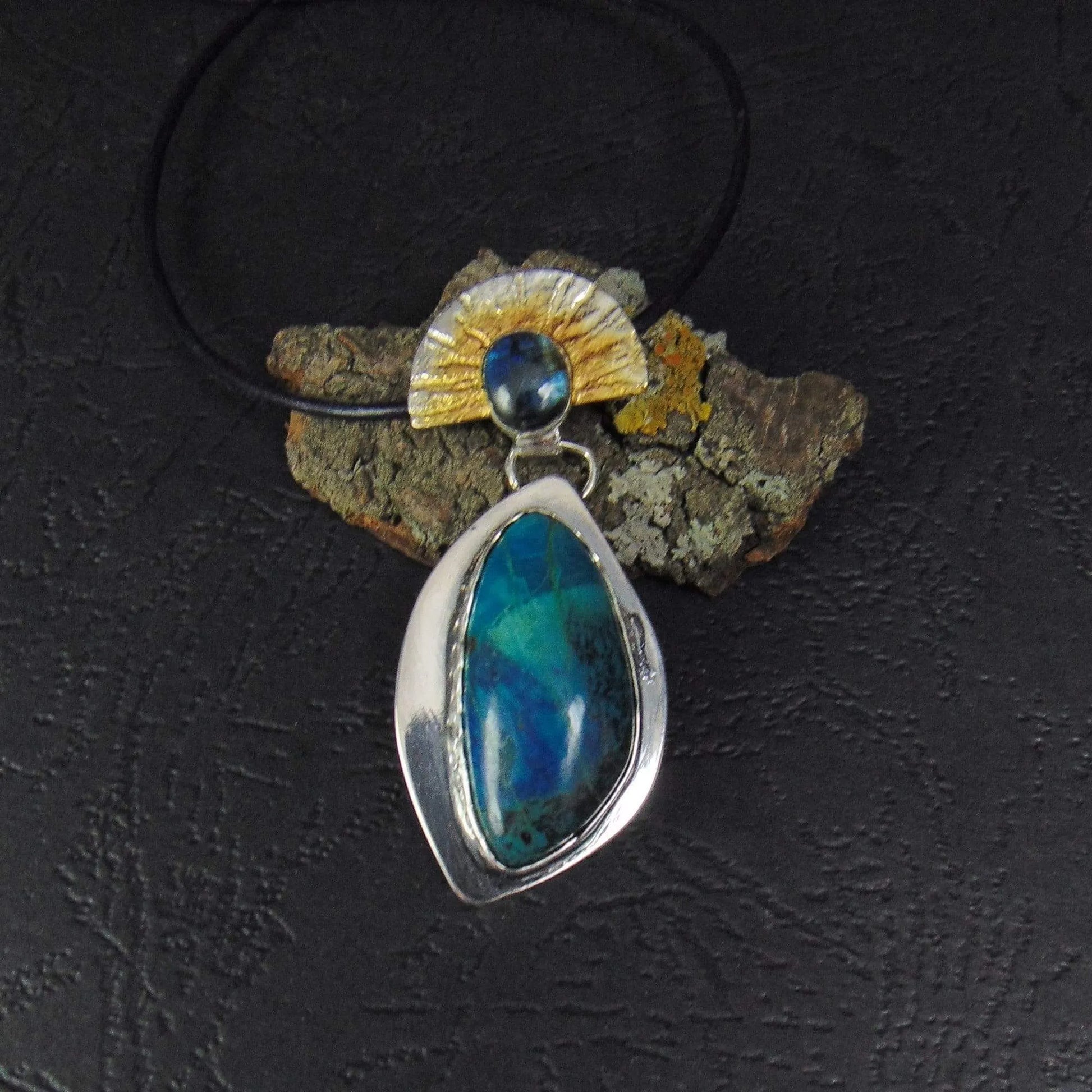 Wisior aztecki Słońce z Chryzokolą i Kyanitem - EPIR Art Jewellery&Gemstone